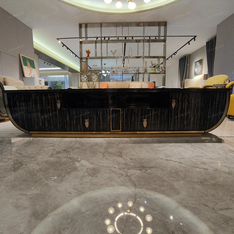 Modern Luxury Black Wood TV Stand with Curved Silhouette, Geometric Veneer Top and Brushed Gold Metal Accents